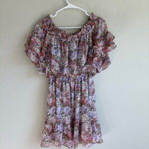 ee:some Rose Floral Mini Dress Sz small. Smocked Ruffle Boho Cottagecore